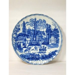 Victoria Ware Ironstone Flow Blue 12 in plate scalloped rim Colonial Town scene
